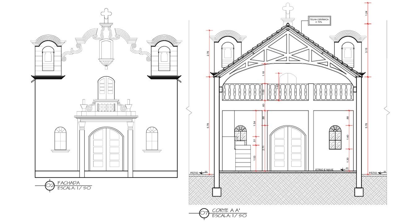 Projeto arquitetônico da fachada e corte da Igreja Santo Antônio
